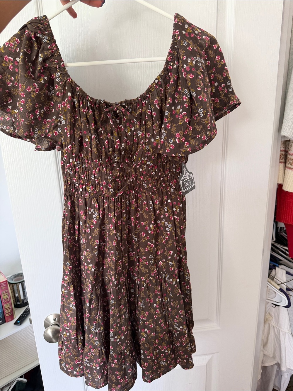 Brown Floral Off-Shoulder Smocked Waist Dress